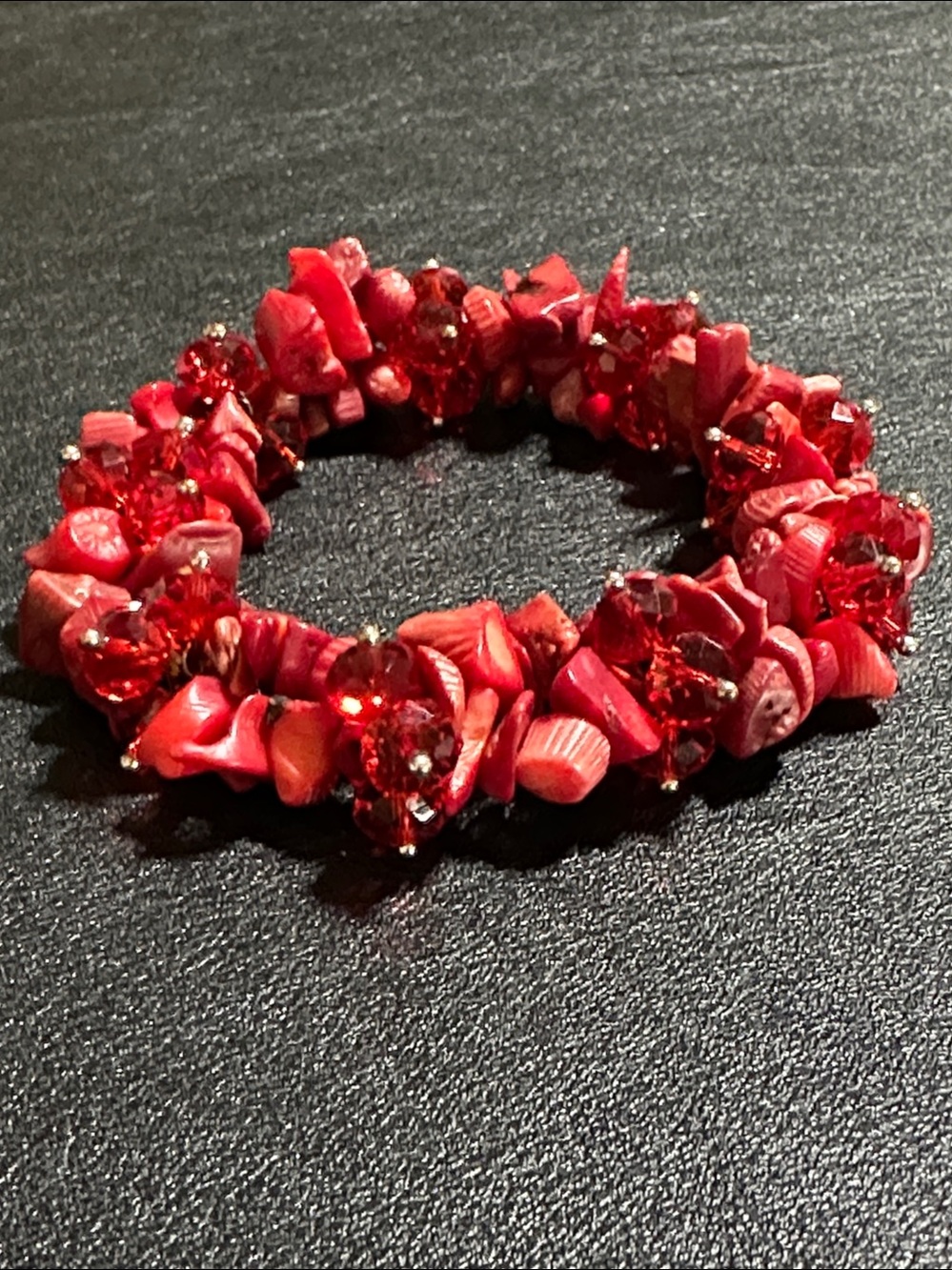 Red Faceted Crystals & Red Coral Chip Stretch Bracelet
